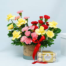 Premium Multicolored Floral Arrangement Paired with Ferrero Rocher