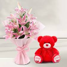 Premium Pink Lilies Bouquet combined with Adorable Teddy Bear