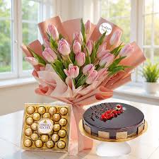 Premium Pink Tulip Bouquet paired with Chocolate cake & Ferrero Rocher box