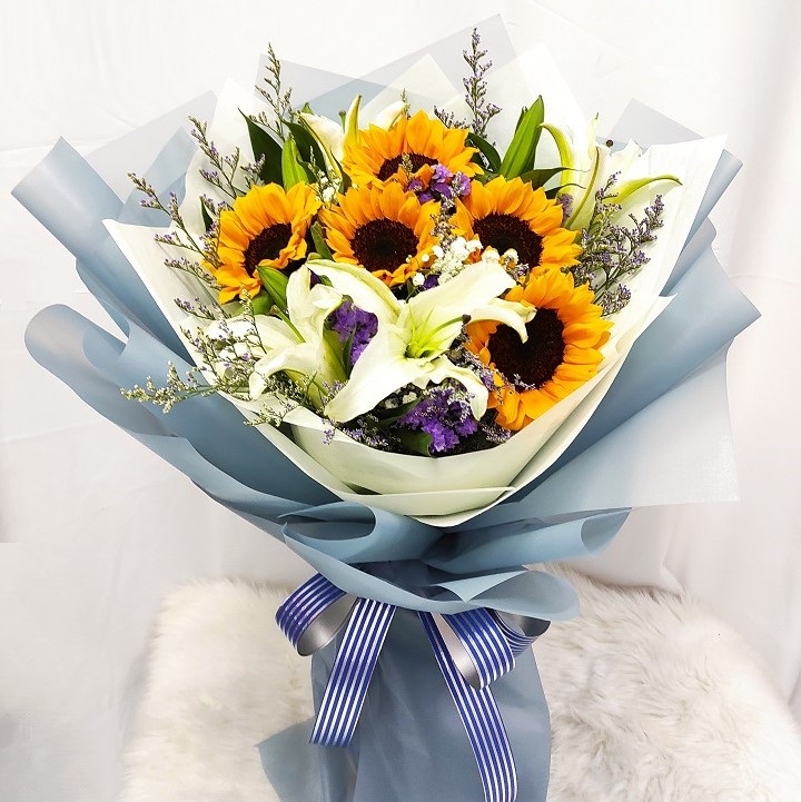 Premium Sunflower and White lilies Bouquet