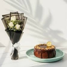 Premium Walnut Cake with 3 White Roses Bouquet
