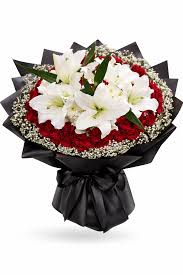 Premium White Lilies with Red Roses Bouquet.