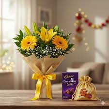 Premium Yellow Flowers Bouquet with Assorted Dry fruits and Chocolate combo