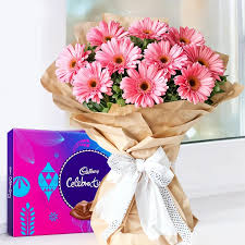 Pretty Pink Gerbera Bunch Paired with Cadbury Celebration Box