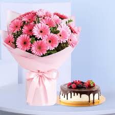 Pretty Pink Gerberas Bouquet with Black Forest cake