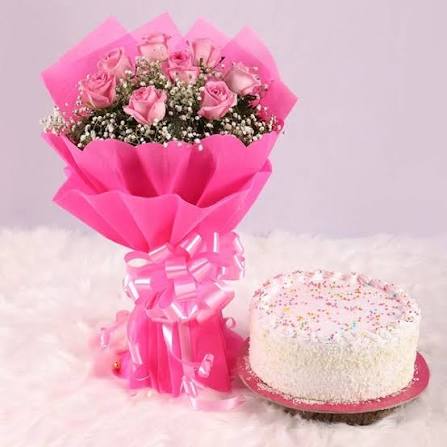 Pretty Pink Roses Bouquet with Eggless Vanilla Cake