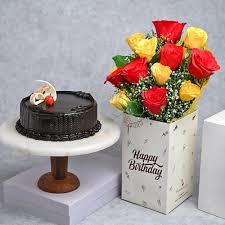 Pretty Red & Yellow Roses in Box with delicious Chocolate truffle cake