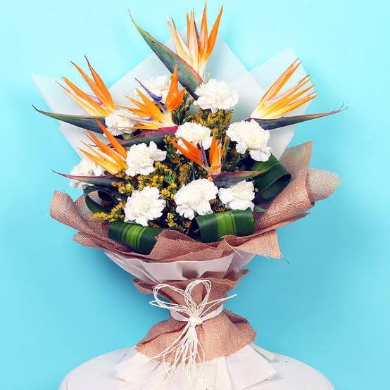 Pure White Carnations with Bird of Paradise Bouquet