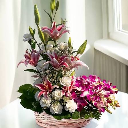Ravishing Pink Lilies with White Carnations & Purples Orchids merged in a Basket