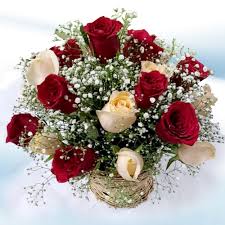 Red and peach coloured roses united in a basket.