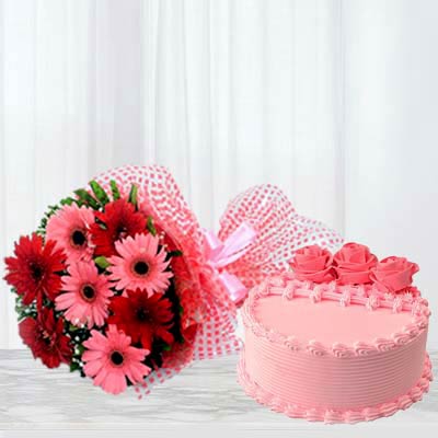 Red and Pink Gerberas Bouquet with Eggless Strawberry Cake
