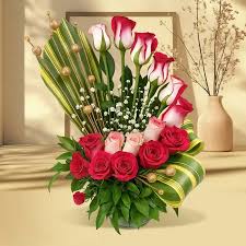Red and Pink Roses Arranged in Basket