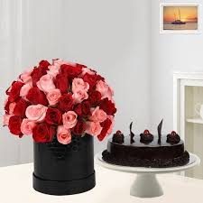 Red and Pink Roses Fused in a Box with Truffle Cake