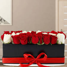 Red and White Roses Decorated in a Black Box