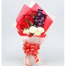 Red and white Roses paired with Dairy Milk chocolate