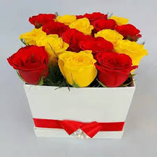 Red and yellow roses fused into a lovely box.