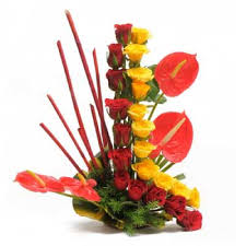 Red Anthurium with Red and Yellow Roses fused in basket