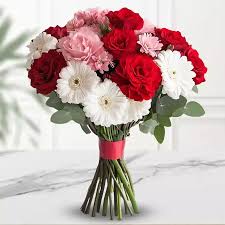 Red Carnations Pink carnation and White Gerbera hand tied bunch