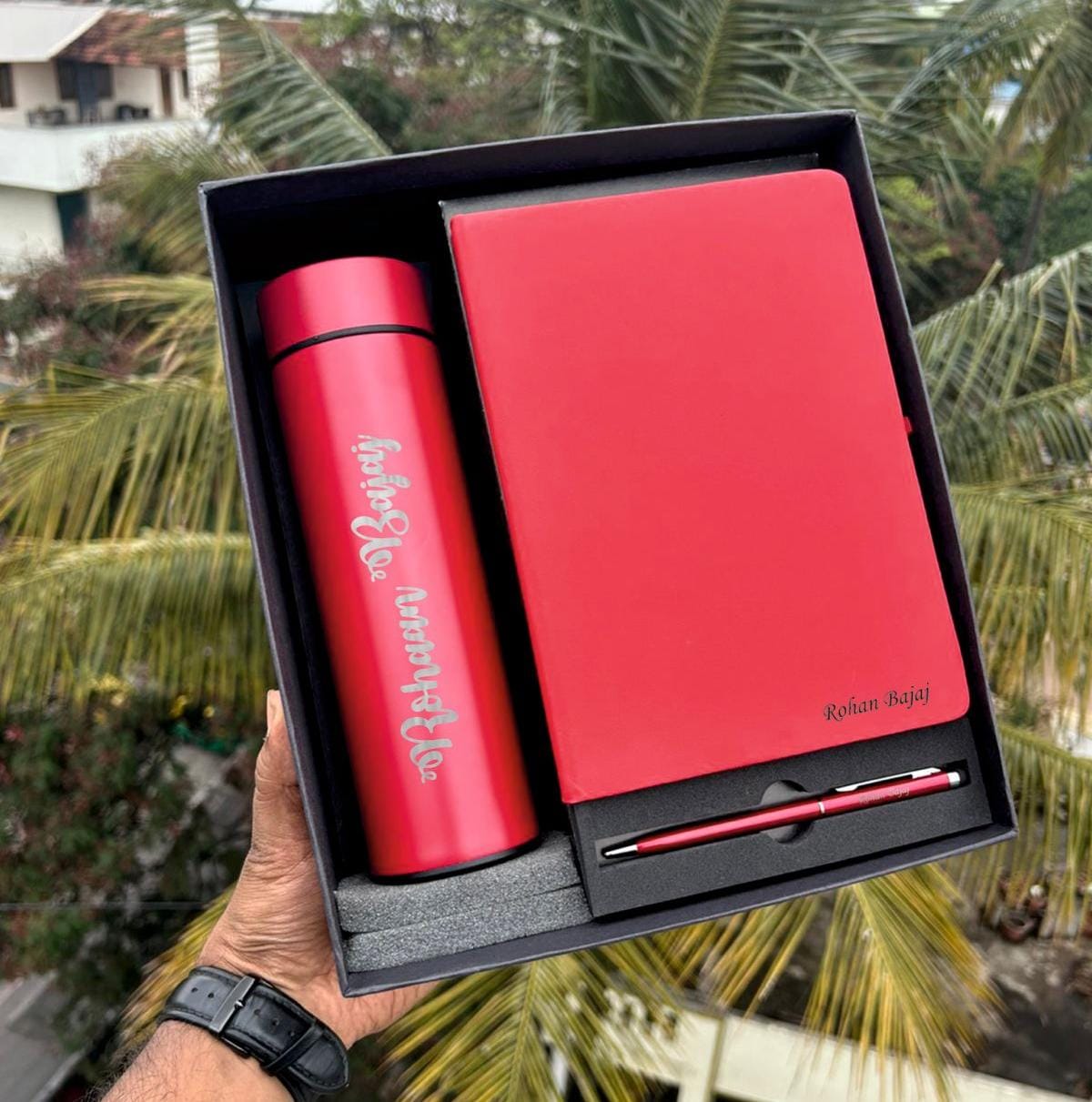 Red Personalized Executive Dairy with Red Sipper Bottle and One Red Pen Combo for Husband