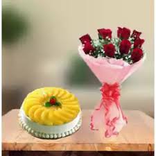 Red Rose Bouquet with Sumptuous Pineapple Cake