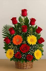 Red Roses and Gerberas fused in a basket.