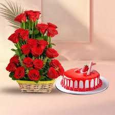 Red Roses arrangement & Strawberry cake