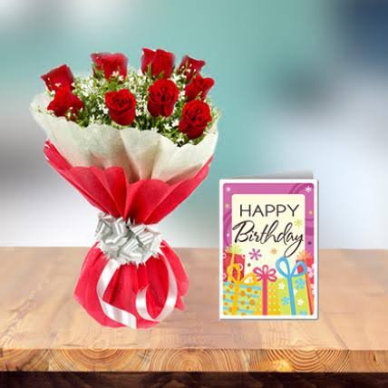 Red Roses bunch with Birthday greeting Card