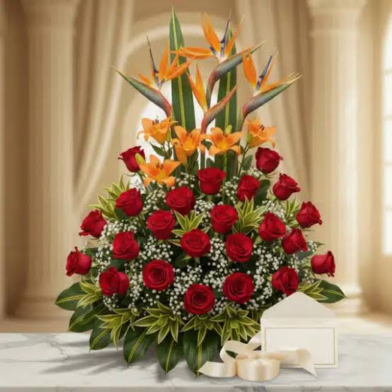Red Roses & Exotic Lilies Basket with Bird of Paradise