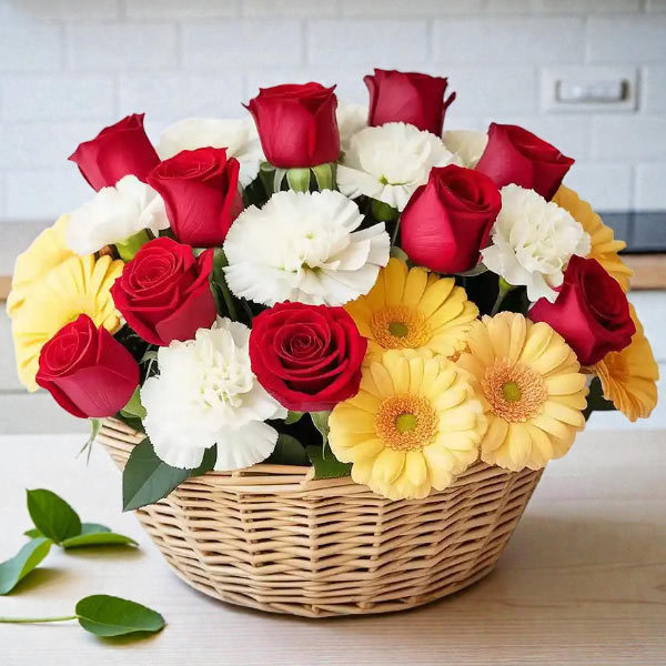 Red Roses, White Carnations with Yellow Gerberas in a Basket