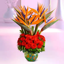 Red roses with an exotic bird of paradise in a vase