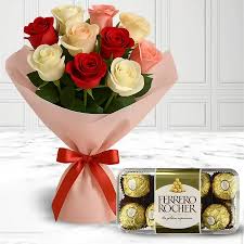Red, White and Pink Roses Bouquet & Ferrero Rocher box