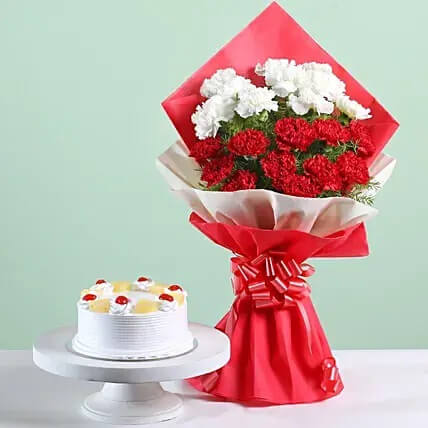 Red &White Carnations Bouquet with Pineapple Cake