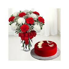 Red & White Carnations in vase with Red Velvet cake