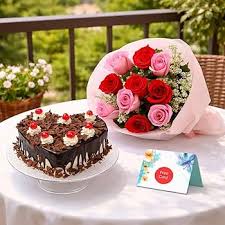 Red & White Roses Floral Ensemble with Heart-Shaped Cake