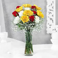 Red, white Roses fused with Yellow Gerberas in a vase