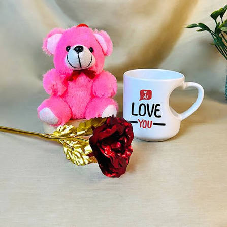 Romantic Combo gift of Cute Teddy, Personalized mug and Artificial Rose