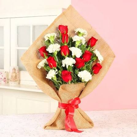 Romantic Red Roses and White Carnations Hand-Tied Bouquet
