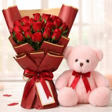 Romantic Red Roses Bouquet & Pink Teddy Bear combo