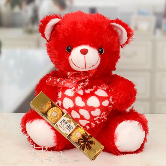 Romantic Red Teddy Bear with Ferrero Rocher Chocolate Box - Anniversary & Birthday Gift Combo