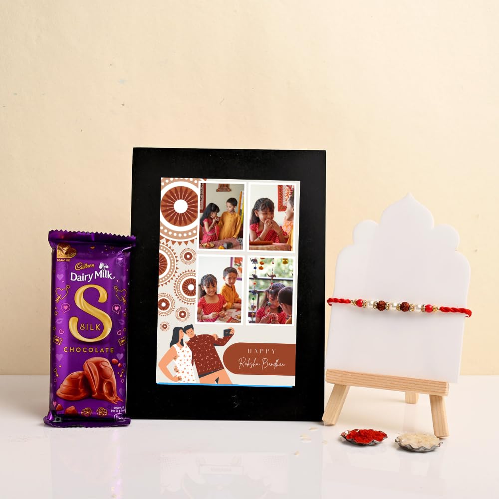 Rudraksha Rakhi paired with Desktop Photo frame and Silk chocolate