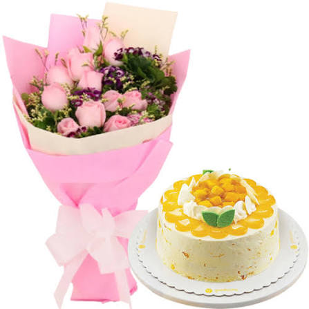 Scrummy Mango Cream Cake with Gorgeous Pink Roses Bouquet