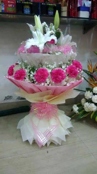 Sensuous White Lilies with Purple Carnations Bouquet