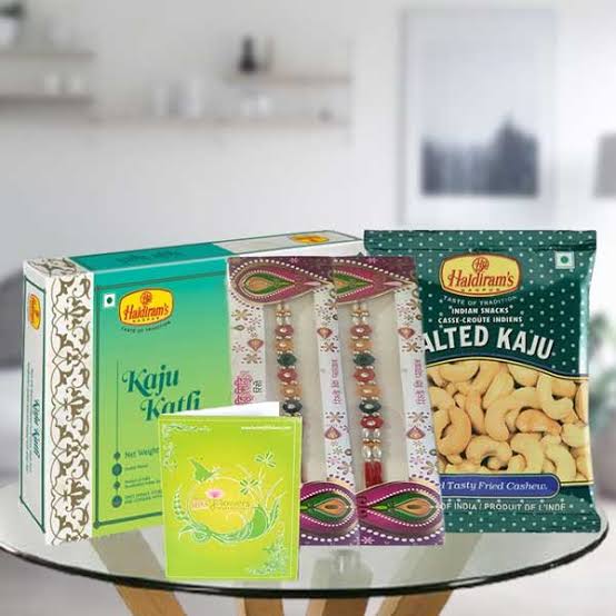 Set of 2 Fancy Rakhis with Kaju Katli & Salted Cashews Gift Combo - My Flowers Shops