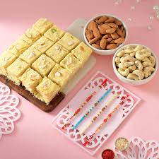 Set of 4 Fancy Rakhi's with Assorted Dry fruits and Soan Papdi