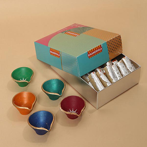 Set of 5 Decorative Diyas & Kaju Roll Festive Gift Combo