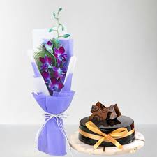 Single Blue Orchid Bouquet with Premium Truffle Cake