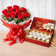Sparkling Red Roses Bouquet with Luscious Kaju Katli