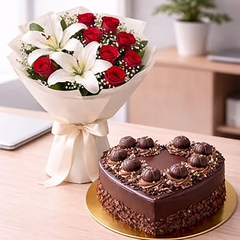 Spellbinding Red Roses and White Lilies Bouquet with Scrummy Heart Shaped Chocolate Cake