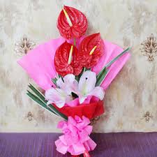 Splendid Pink Lilies with Red Anthurium  bouquet