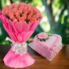 Starwberry Heart shape cake and Pink Roses bouquet